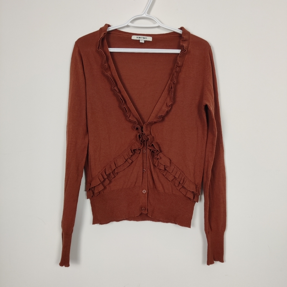 Koton Women's Ruffled Sweater Cardigan in Brown Size Medium Fall Feminine Cotton